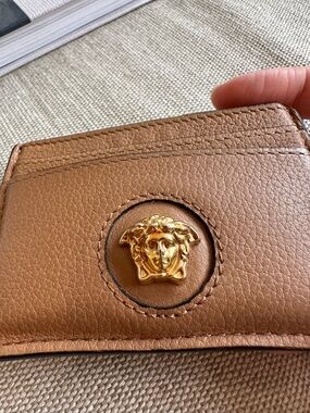 Versace Tan Leather Card Holder with Gold Medusa Accent